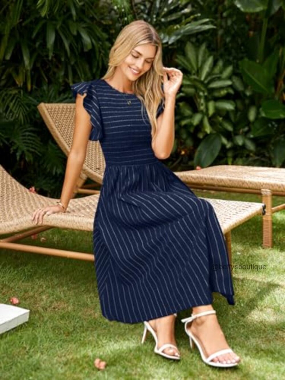 Linen Smocked Midi Dress with Pockets Flutter Sleeve Flowy Casual - Picture 3 of 7